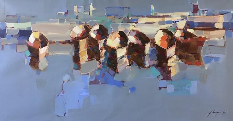 Rowboats, Original oil Painting, Handmade artwork, Ready to hang    